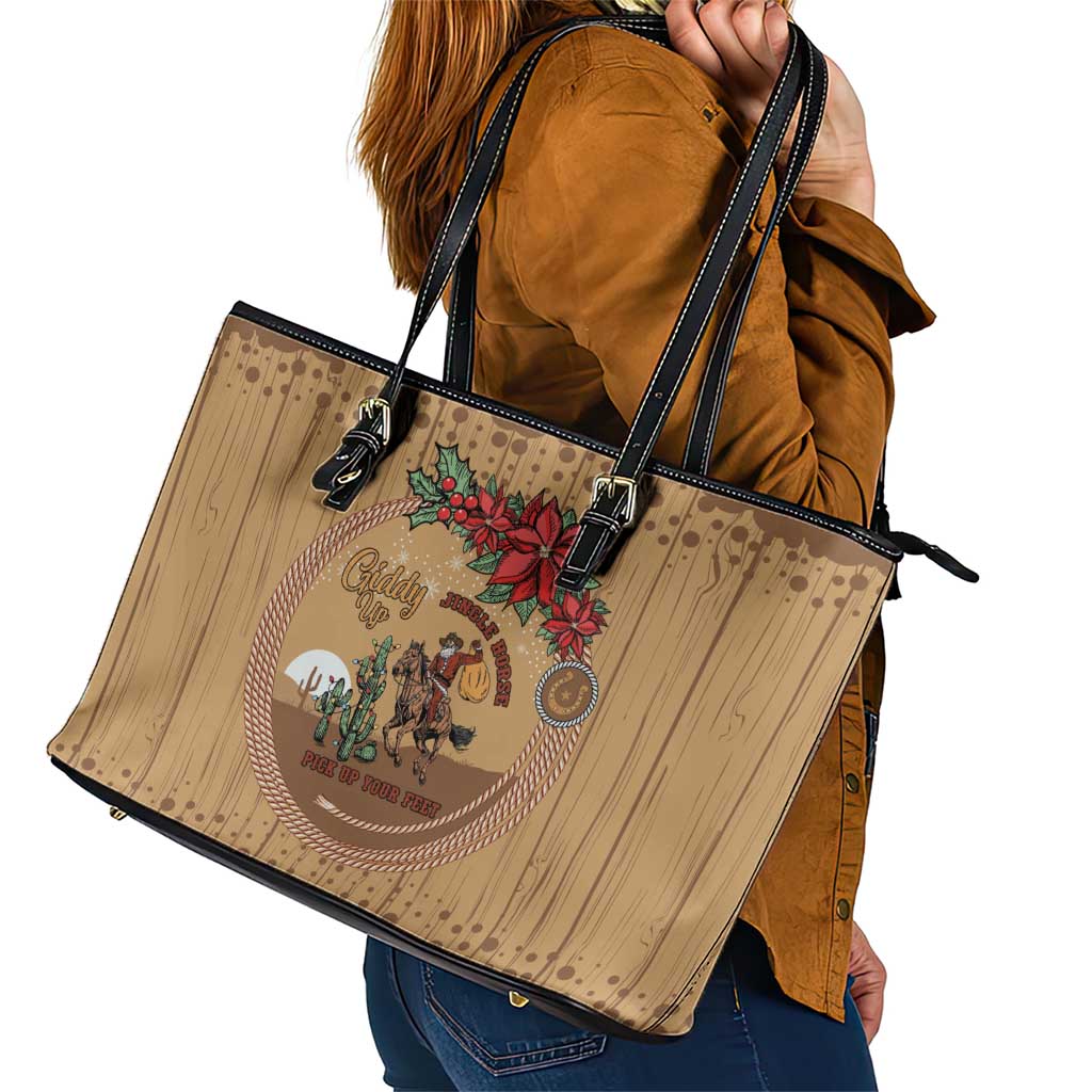 Cowboy Christmas Leather Tote Bag Giddy Up Jingle Horse Brown Version - Wonder Print Shop