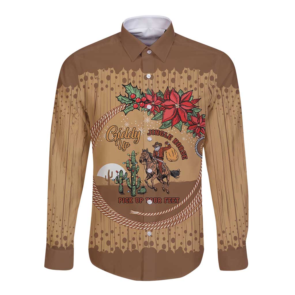Cowboy Christmas Long Sleeve Button Shirt Giddy Up Jingle Horse Brown Version - Wonder Print Shop