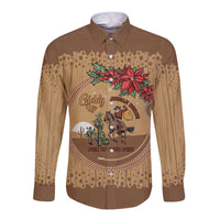 Cowboy Christmas Long Sleeve Button Shirt Giddy Up Jingle Horse Brown Version - Wonder Print Shop