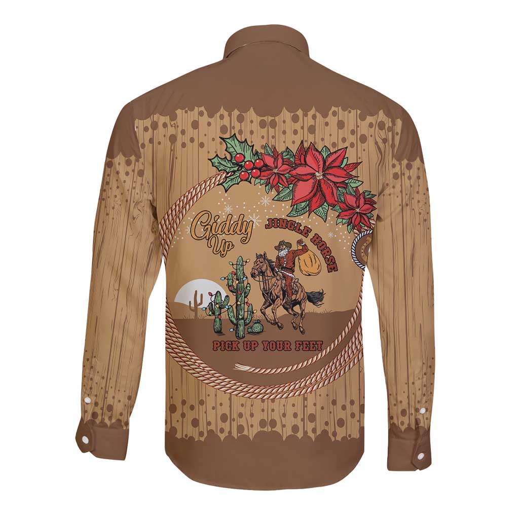 Cowboy Christmas Long Sleeve Button Shirt Giddy Up Jingle Horse Brown Version - Wonder Print Shop