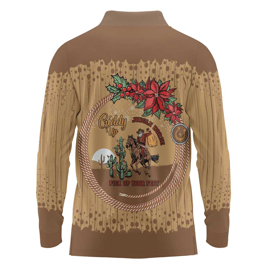 Cowboy Christmas Long Sleeve Polo Shirt Giddy Up Jingle Horse Brown Version - Wonder Print Shop