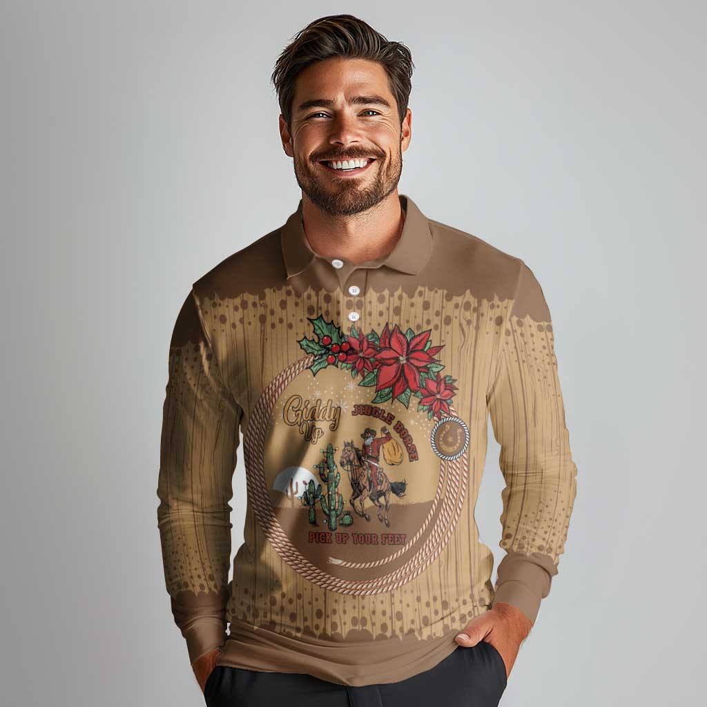 Cowboy Christmas Long Sleeve Polo Shirt Giddy Up Jingle Horse Brown Version - Wonder Print Shop