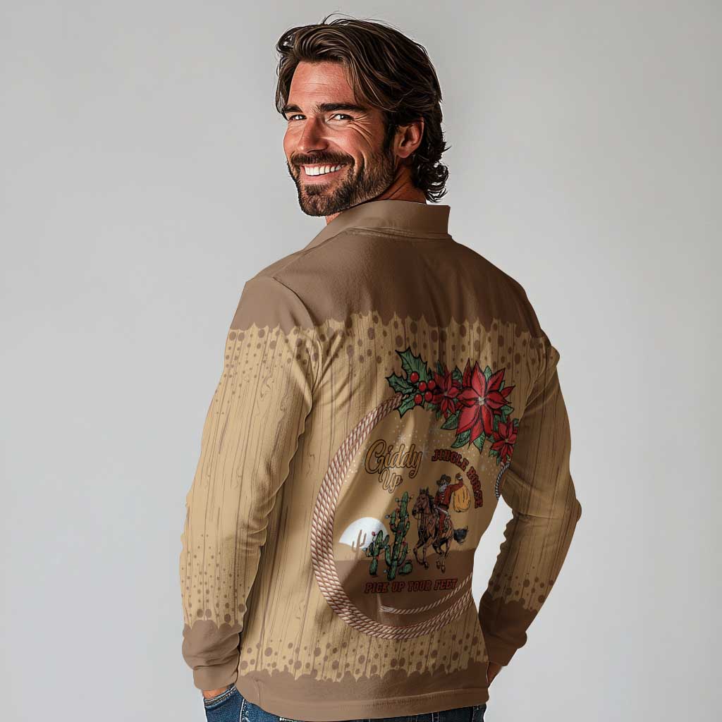 Cowboy Christmas Long Sleeve Polo Shirt Giddy Up Jingle Horse Brown Version - Wonder Print Shop