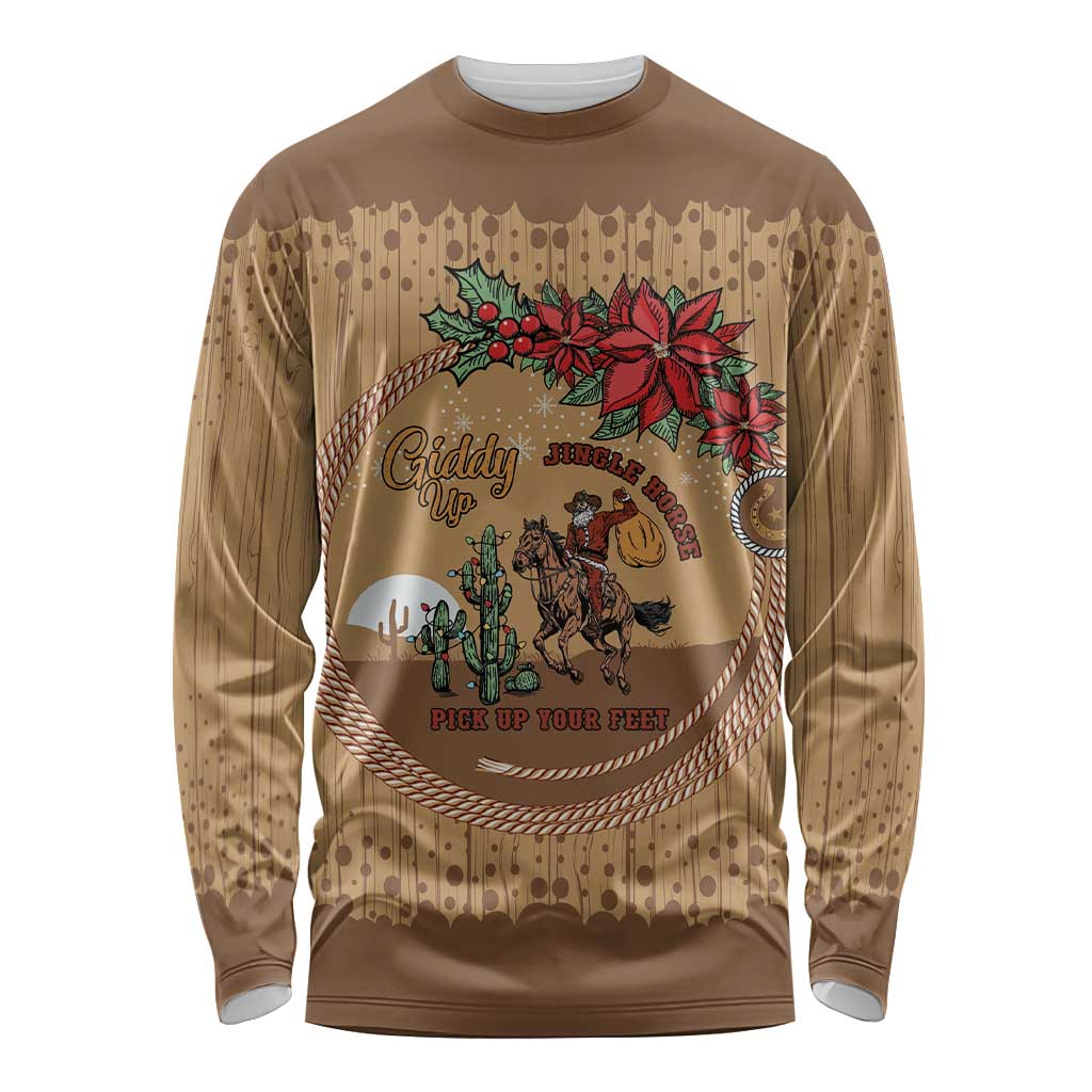 Cowboy Christmas Long Sleeve Shirt Giddy Up Jingle Horse Brown Version - Wonder Print Shop