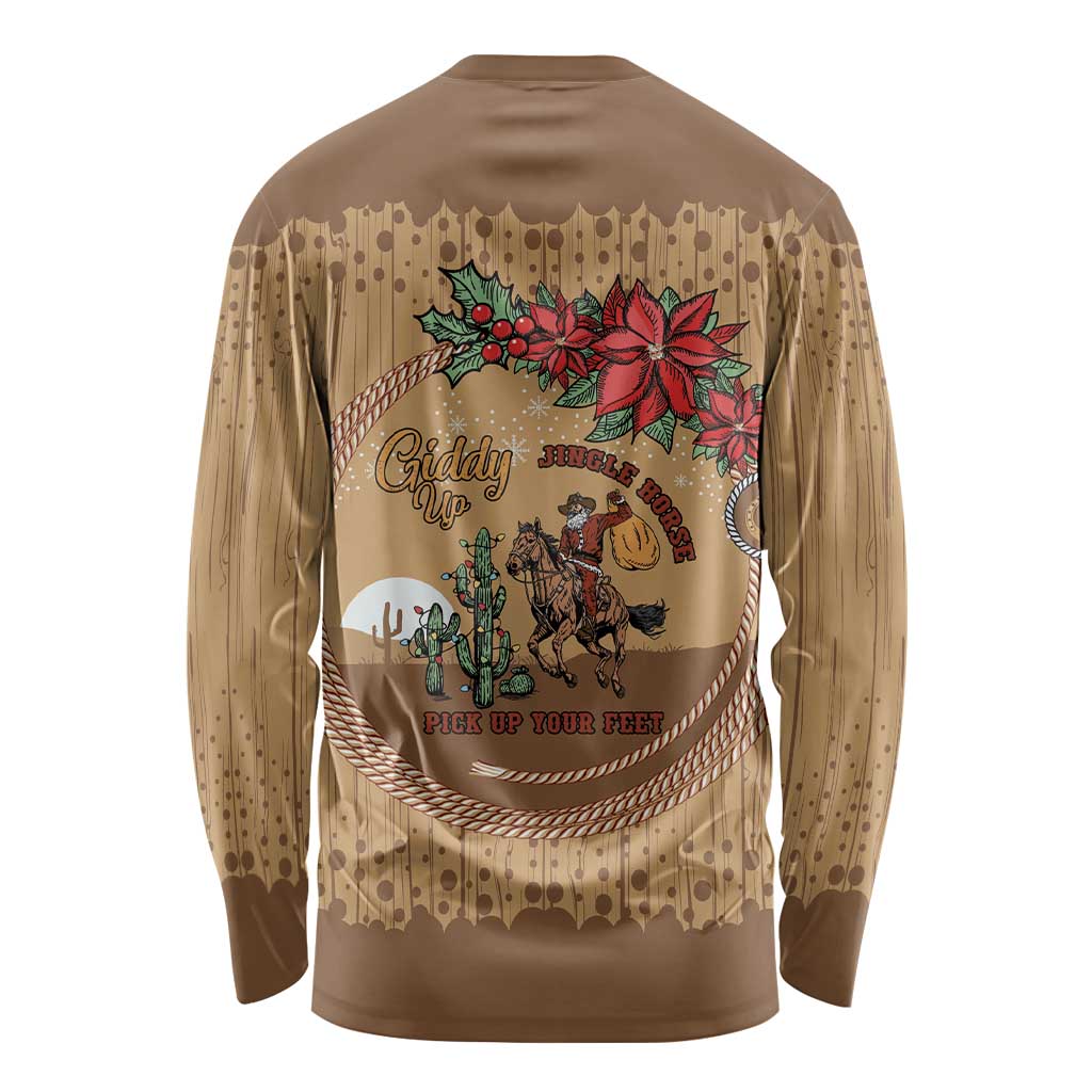 Cowboy Christmas Long Sleeve Shirt Giddy Up Jingle Horse Brown Version - Wonder Print Shop