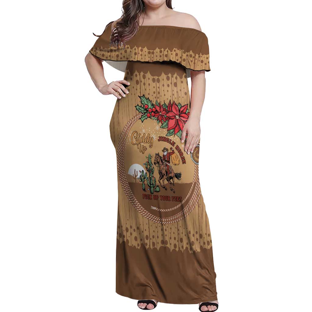 Cowboy Christmas Off Shoulder Maxi Dress Giddy Up Jingle Horse Brown Version - Wonder Print Shop