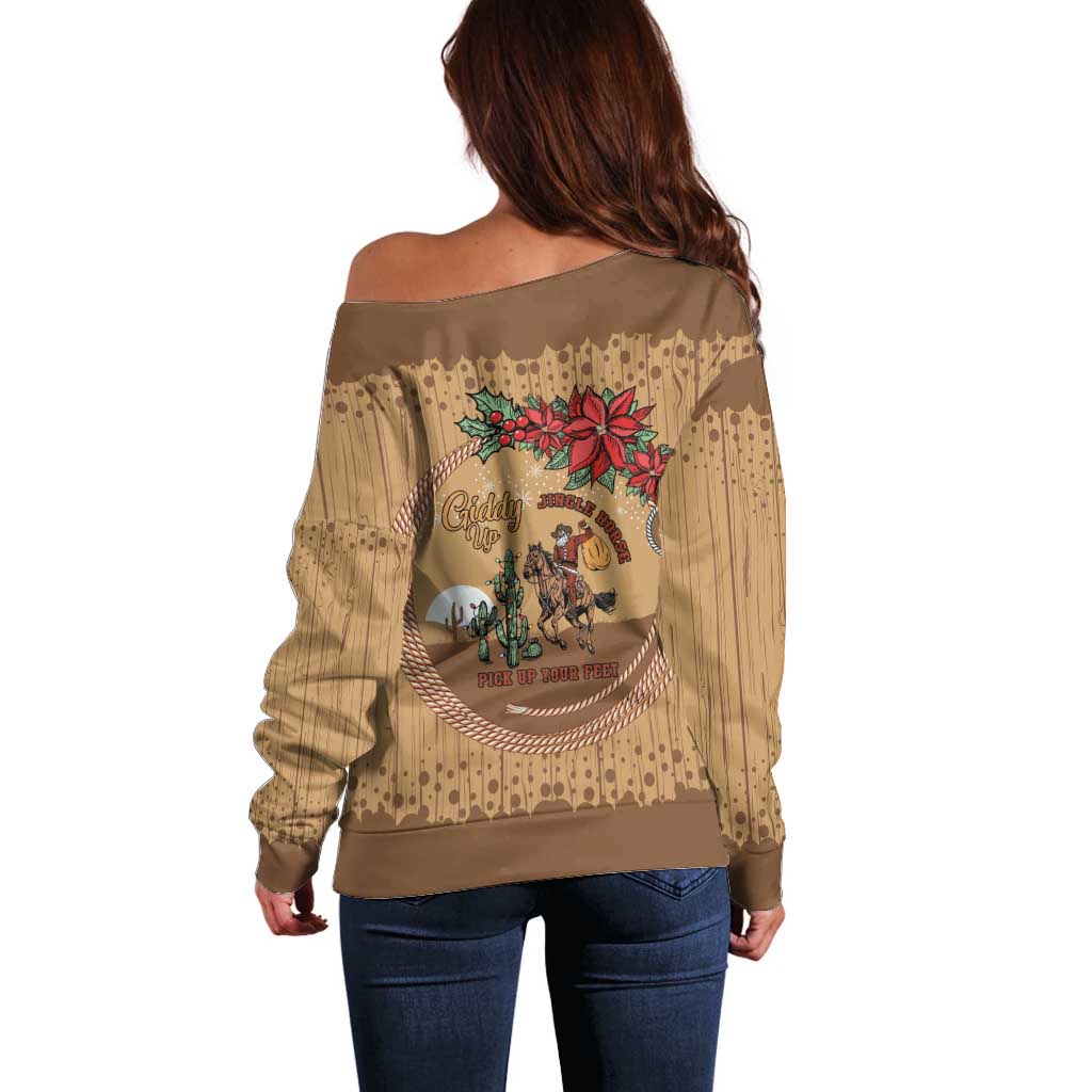 Cowboy Christmas Off Shoulder Sweater Giddy Up Jingle Horse Brown Version - Wonder Print Shop