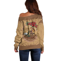 Cowboy Christmas Off Shoulder Sweater Giddy Up Jingle Horse Brown Version - Wonder Print Shop