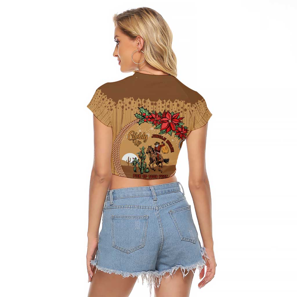 Cowboy Christmas Raglan Cropped T Shirt Giddy Up Jingle Horse Brown Version - Wonder Print Shop