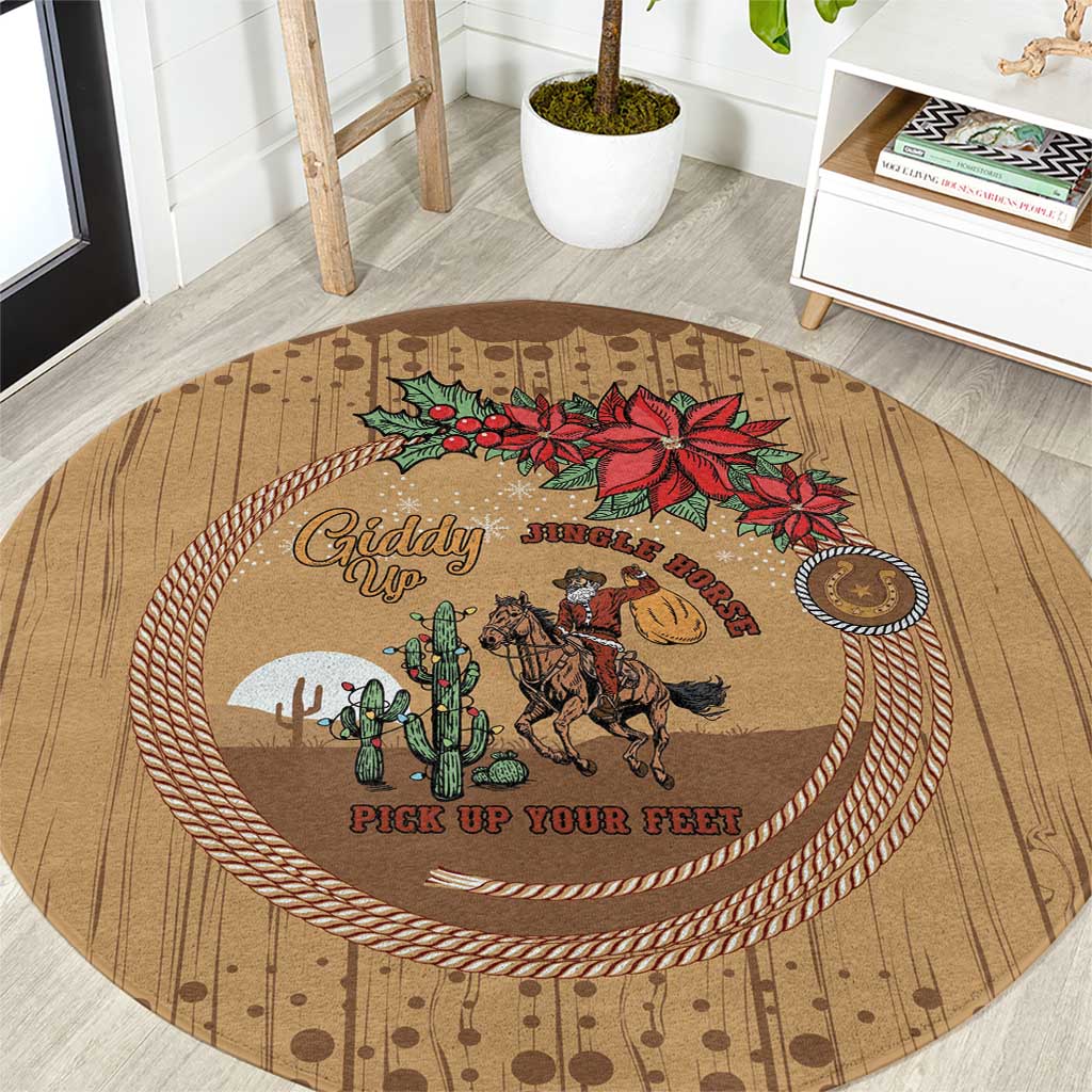 Cowboy Christmas Round Carpet Giddy Up Jingle Horse Brown Version - Wonder Print Shop