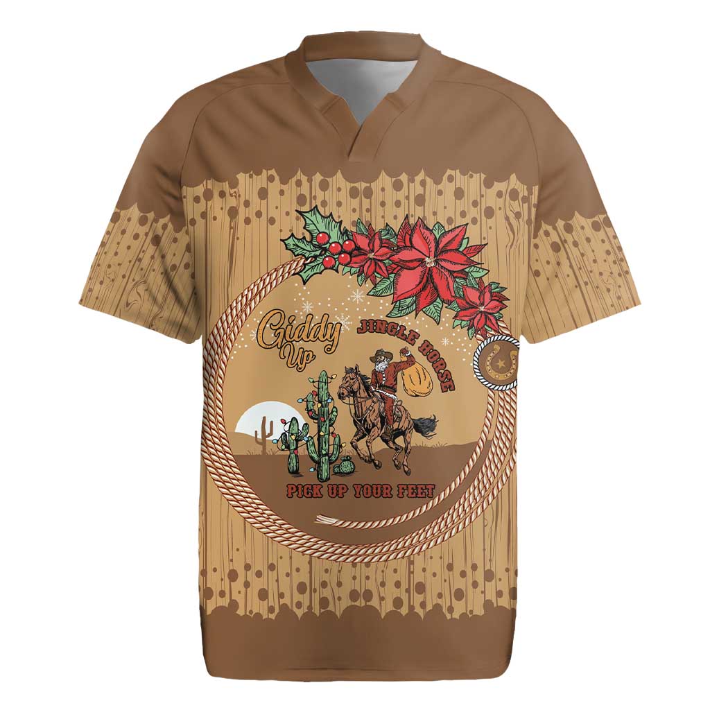 Cowboy Christmas Rugby Jersey Giddy Up Jingle Horse Brown Version - Wonder Print Shop