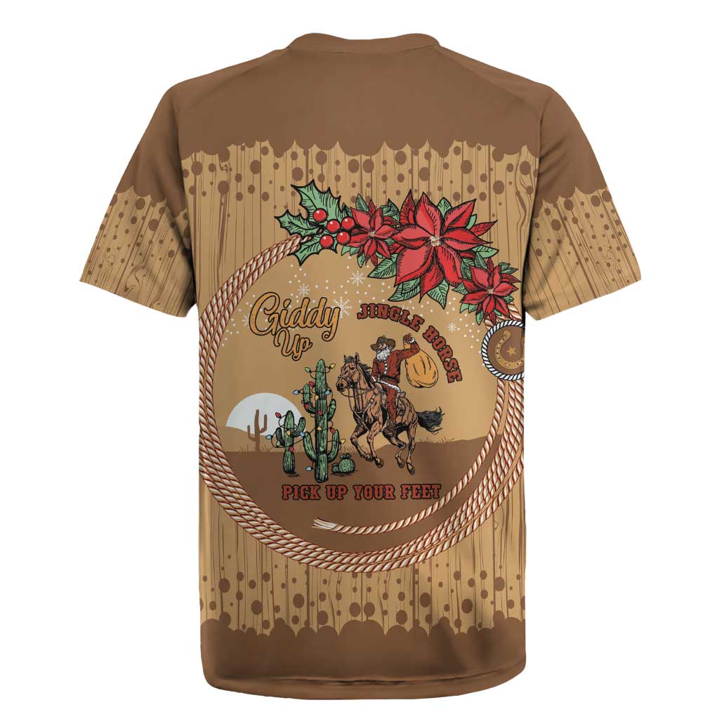 Cowboy Christmas Rugby Jersey Giddy Up Jingle Horse Brown Version - Wonder Print Shop