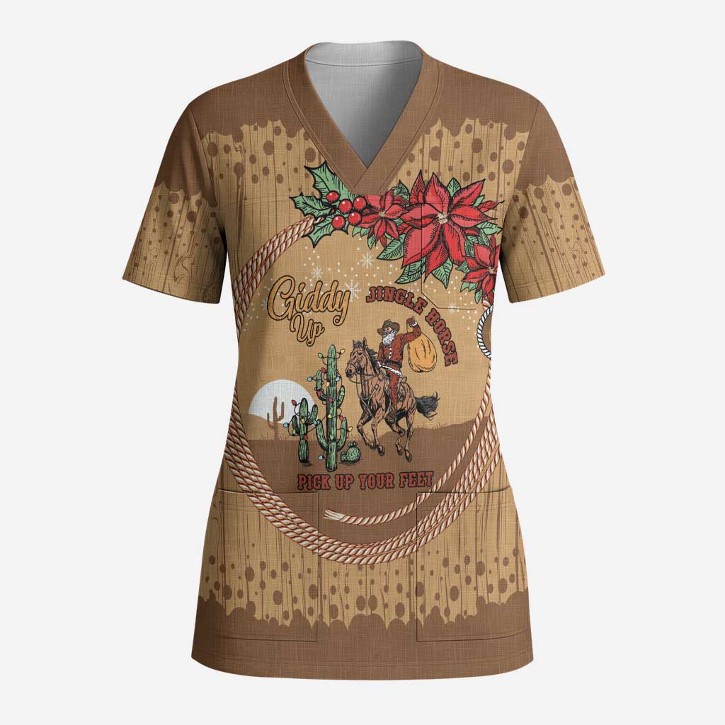 Cowboy Christmas Scrub Top Giddy Up Jingle Horse Brown Version - Wonder Print Shop