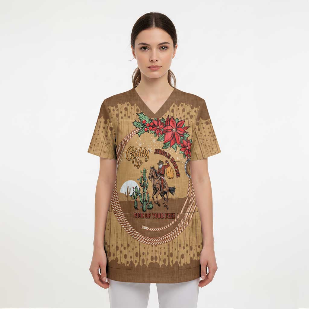 Cowboy Christmas Scrub Top Giddy Up Jingle Horse Brown Version - Wonder Print Shop