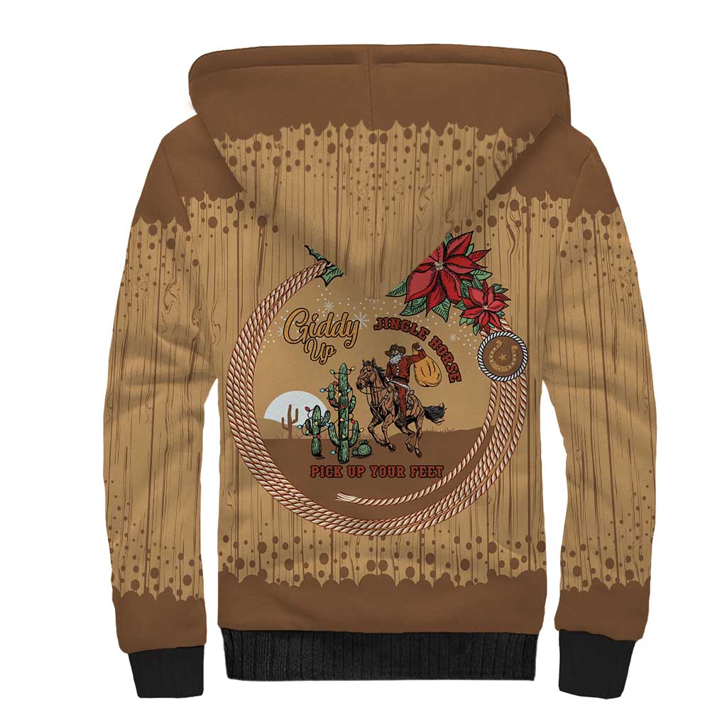 Cowboy Christmas Sherpa Hoodie Giddy Up Jingle Horse Brown Version - Wonder Print Shop