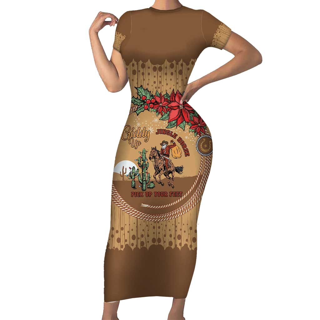 Cowboy Christmas Short Sleeve Bodycon Dress Giddy Up Jingle Horse Brown Version - Wonder Print Shop