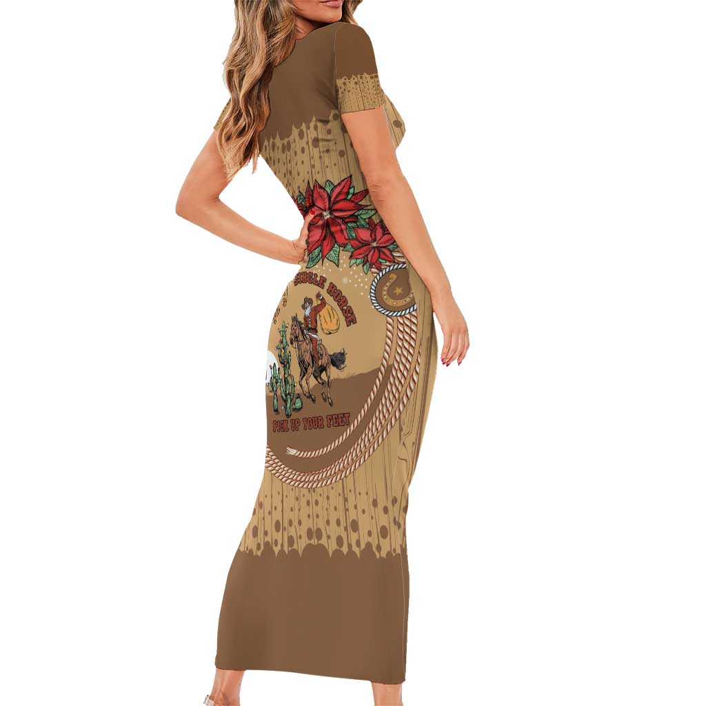 Cowboy Christmas Short Sleeve Bodycon Dress Giddy Up Jingle Horse Brown Version - Wonder Print Shop