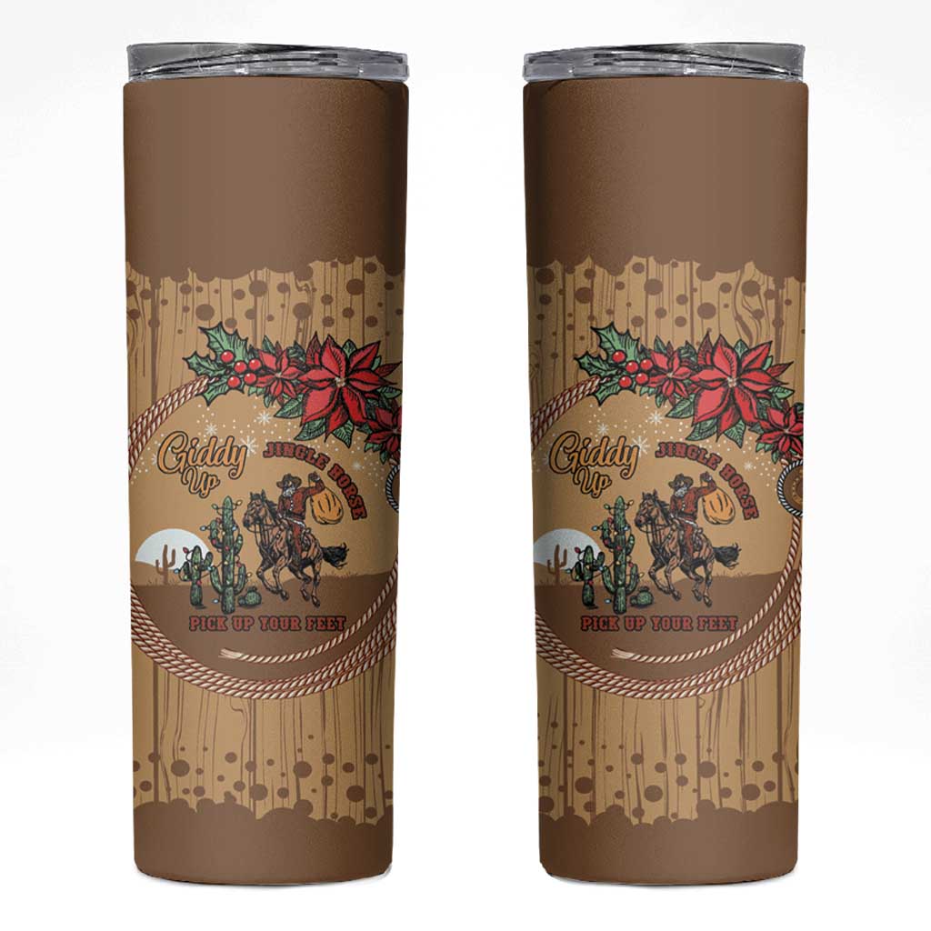 Cowboy Christmas Skinny Tumbler Giddy Up Jingle Horse Brown Version - Wonder Print Shop