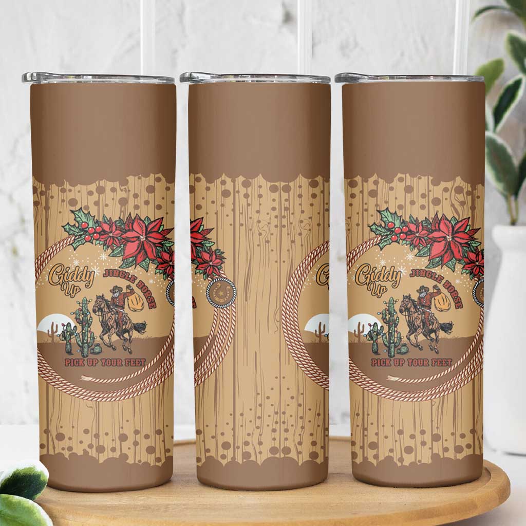 Cowboy Christmas Skinny Tumbler Giddy Up Jingle Horse Brown Version - Wonder Print Shop