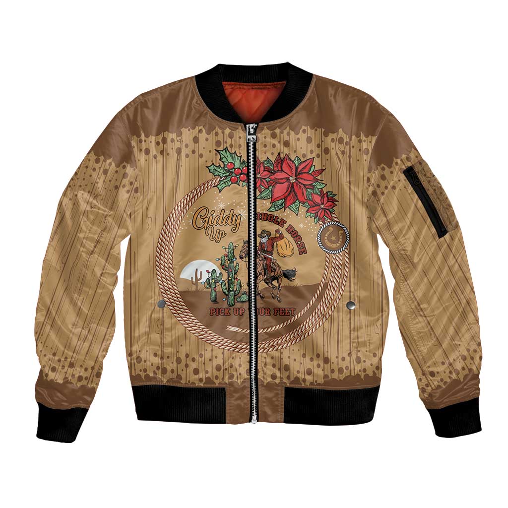 Cowboy Christmas Sleeve Zip Bomber Jacket Giddy Up Jingle Horse Brown Version - Wonder Print Shop