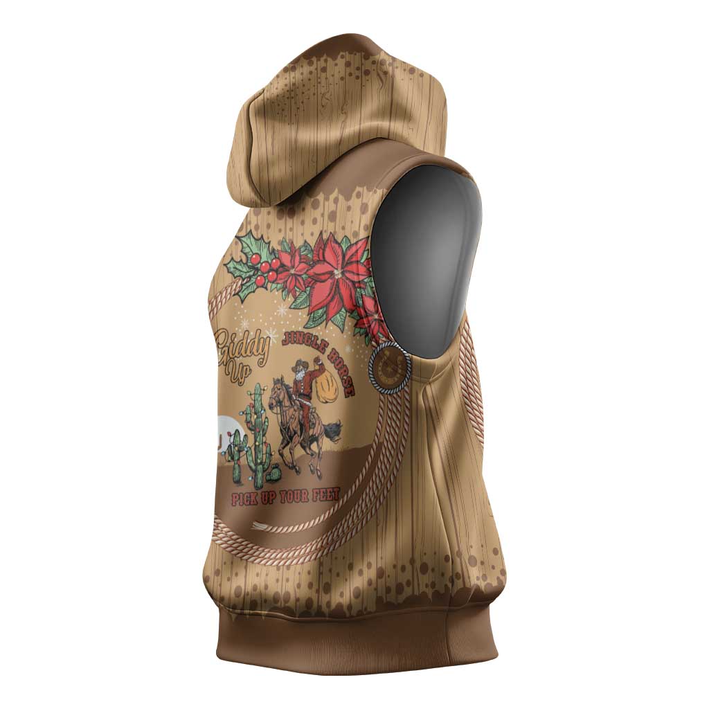 Cowboy Christmas Sleeveless Hoodie Giddy Up Jingle Horse Brown Version - Wonder Print Shop