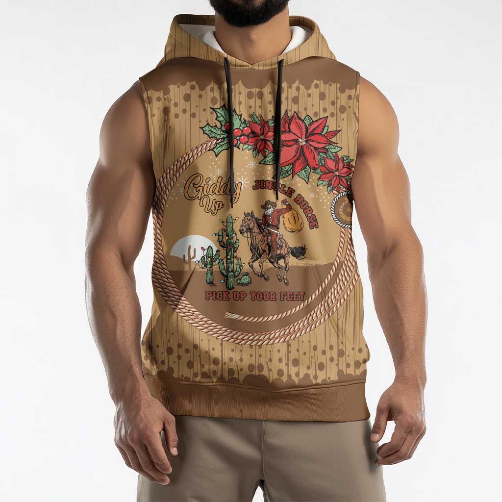 Cowboy Christmas Sleeveless Hoodie Giddy Up Jingle Horse Brown Version - Wonder Print Shop