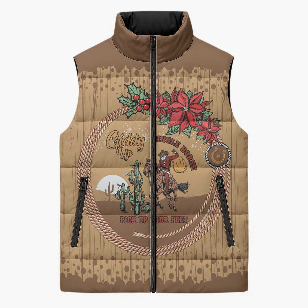 Cowboy Christmas Sleeveless Puffer Jacket Giddy Up Jingle Horse Brown Version - Wonder Print Shop