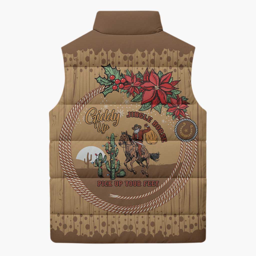 Cowboy Christmas Sleeveless Puffer Jacket Giddy Up Jingle Horse Brown Version - Wonder Print Shop