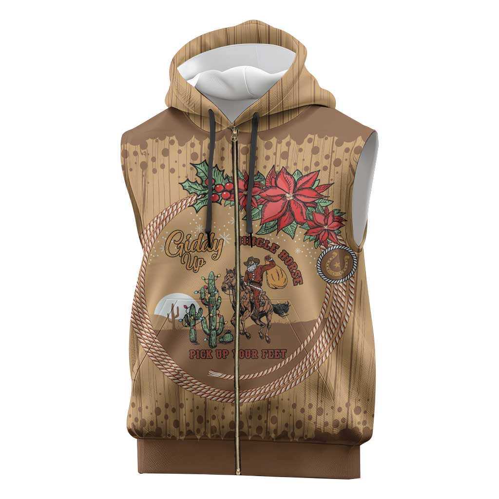 Cowboy Christmas Sleeveless Zip Hoodie Giddy Up Jingle Horse Brown Version - Wonder Print Shop