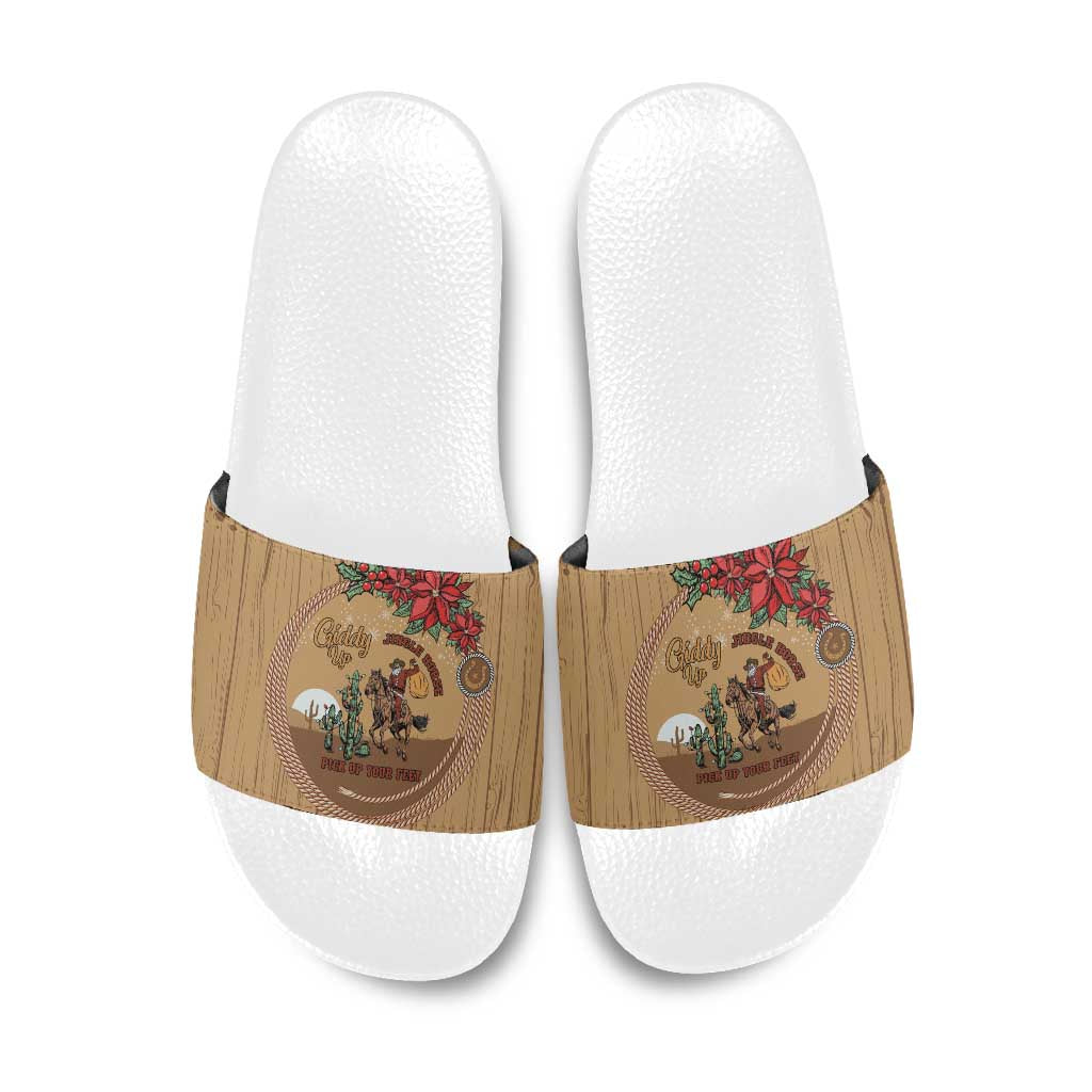 Cowboy Christmas Slide Sandals Giddy Up Jingle Horse Brown Version - Wonder Print Shop
