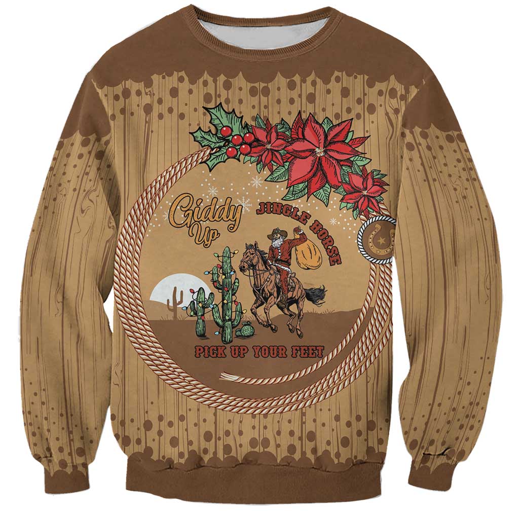 Cowboy Christmas Sweatshirt Giddy Up Jingle Horse Brown Version - Wonder Print Shop