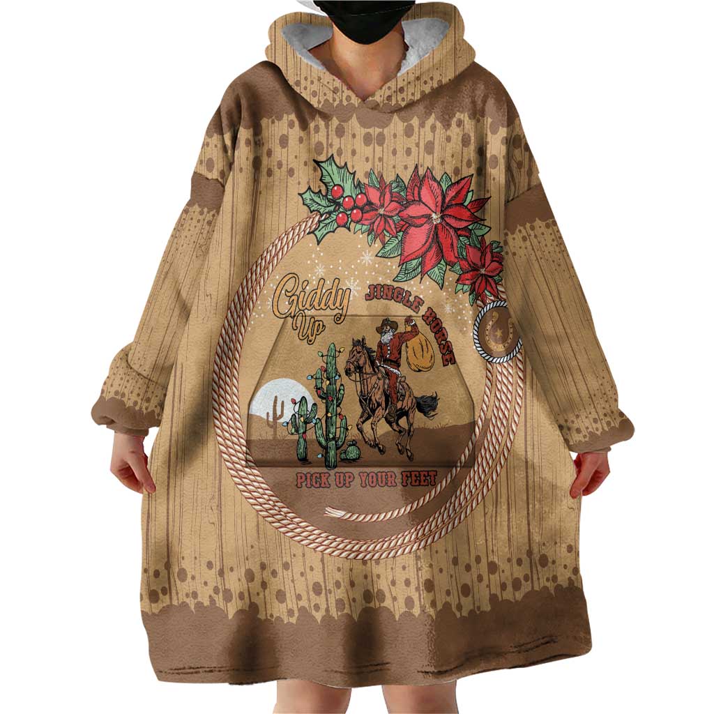 Cowboy Christmas Wearable Blanket Hoodie Giddy Up Jingle Horse Brown Version - Wonder Print Shop