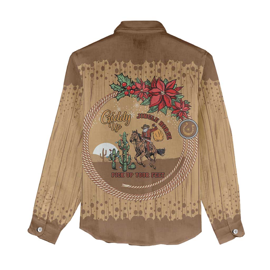 Cowboy Christmas Women Casual Shirt Giddy Up Jingle Horse Brown Version - Wonder Print Shop