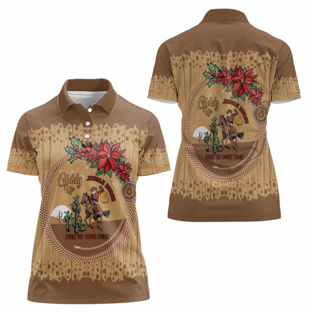 Cowboy Christmas Women Polo Shirt Giddy Up Jingle Horse Brown Version - Wonder Print Shop