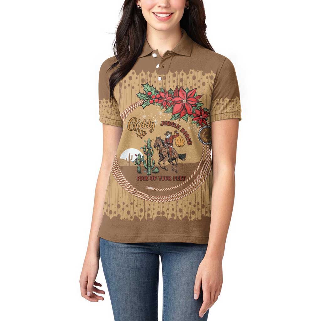 Cowboy Christmas Women Polo Shirt Giddy Up Jingle Horse Brown Version - Wonder Print Shop