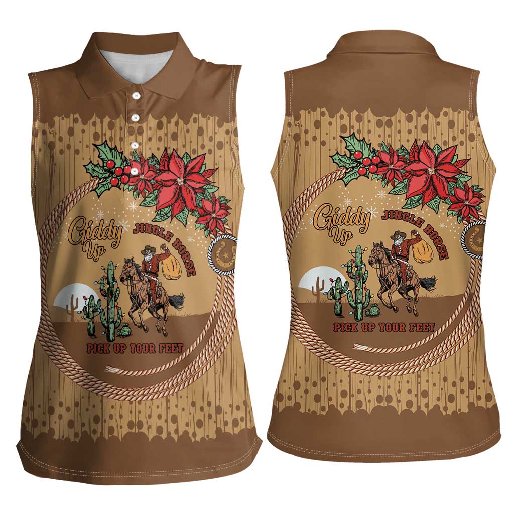 Cowboy Christmas Women Sleeveless Polo Shirt Giddy Up Jingle Horse Brown Version - Wonder Print Shop