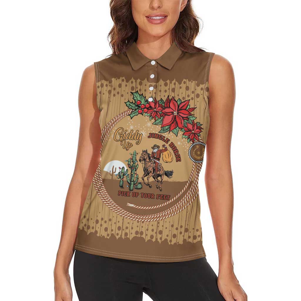Cowboy Christmas Women Sleeveless Polo Shirt Giddy Up Jingle Horse Brown Version - Wonder Print Shop