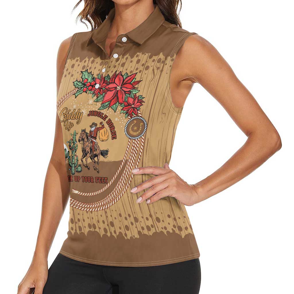 Cowboy Christmas Women Sleeveless Polo Shirt Giddy Up Jingle Horse Brown Version - Wonder Print Shop