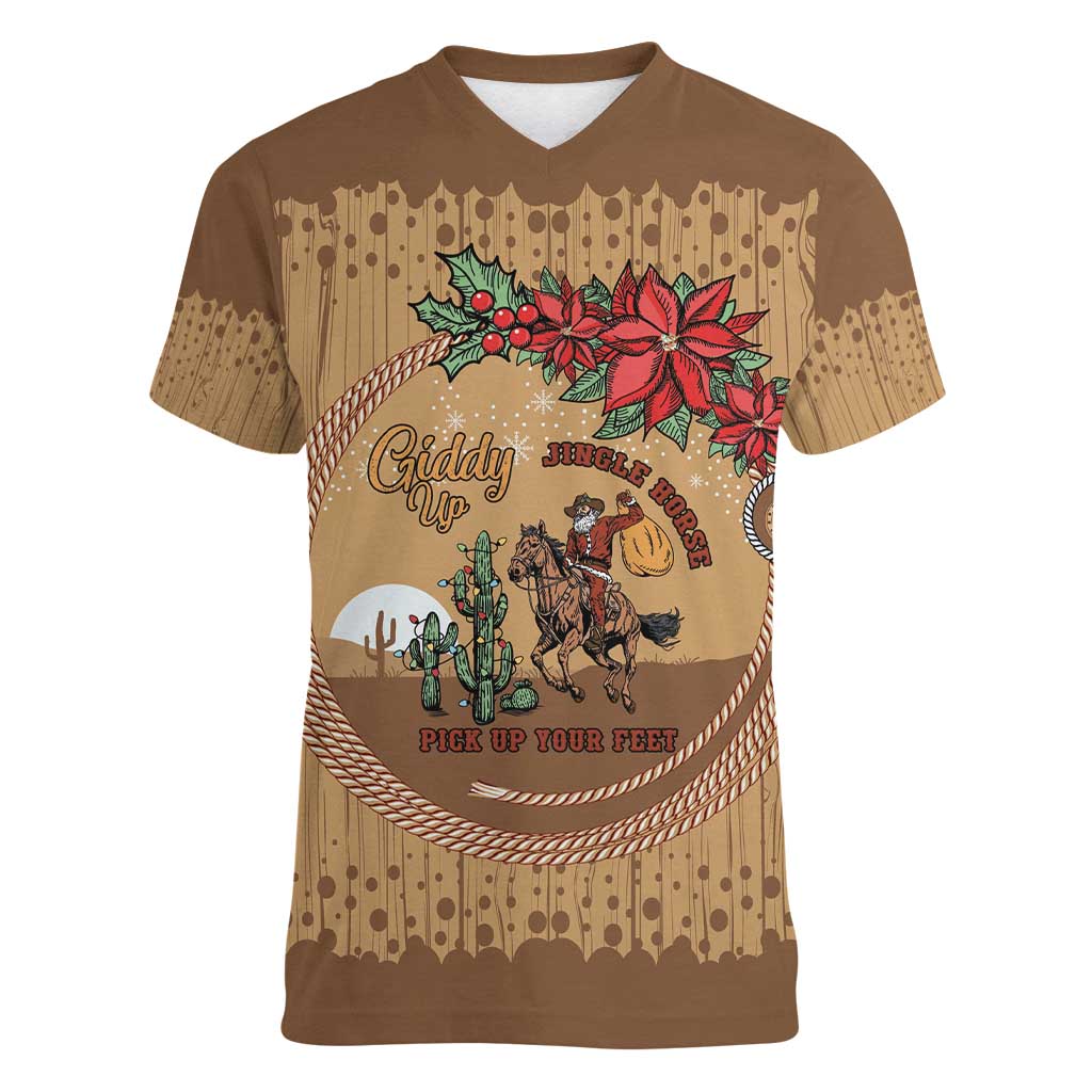 Cowboy Christmas Women V-Neck T-Shirt Giddy Up Jingle Horse Brown Version - Wonder Print Shop