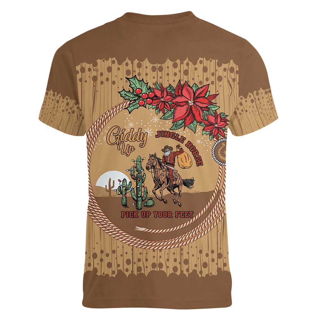 Cowboy Christmas Women V-Neck T-Shirt Giddy Up Jingle Horse Brown Version - Wonder Print Shop