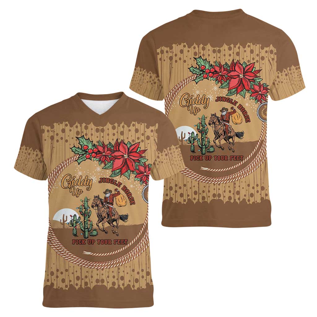 Cowboy Christmas Women V-Neck T-Shirt Giddy Up Jingle Horse Brown Version - Wonder Print Shop