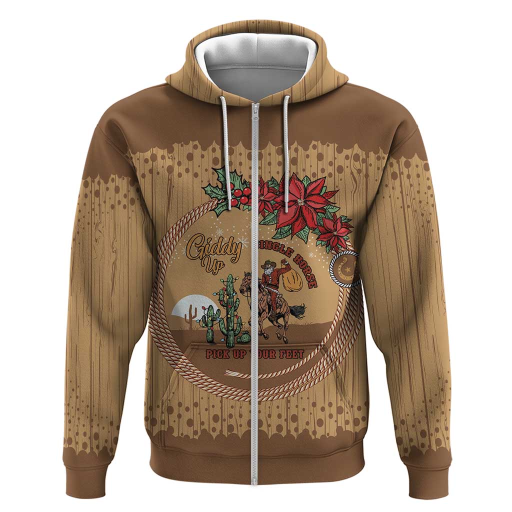 Cowboy Christmas Zip Hoodie Giddy Up Jingle Horse Brown Version - Wonder Print Shop