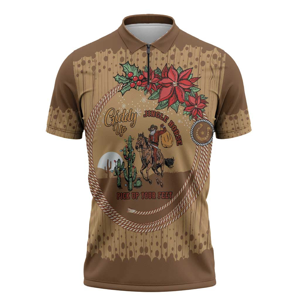 Cowboy Christmas Zipper Polo Shirt Giddy Up Jingle Horse Brown Version - Wonder Print Shop