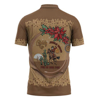 Cowboy Christmas Zipper Polo Shirt Giddy Up Jingle Horse Brown Version - Wonder Print Shop
