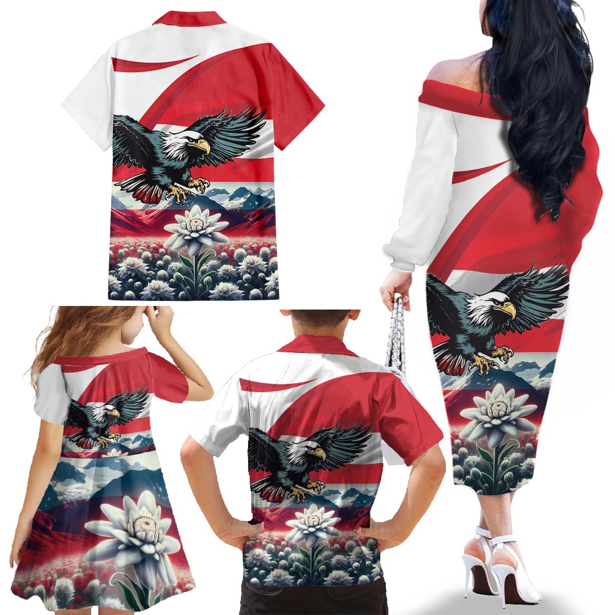 Austria Black Eagle Family Matching Off The Shoulder Long Sleeve Dress and Hawaiian Shirt Edelweiss with Austrian Flag - Wonder Print Shop