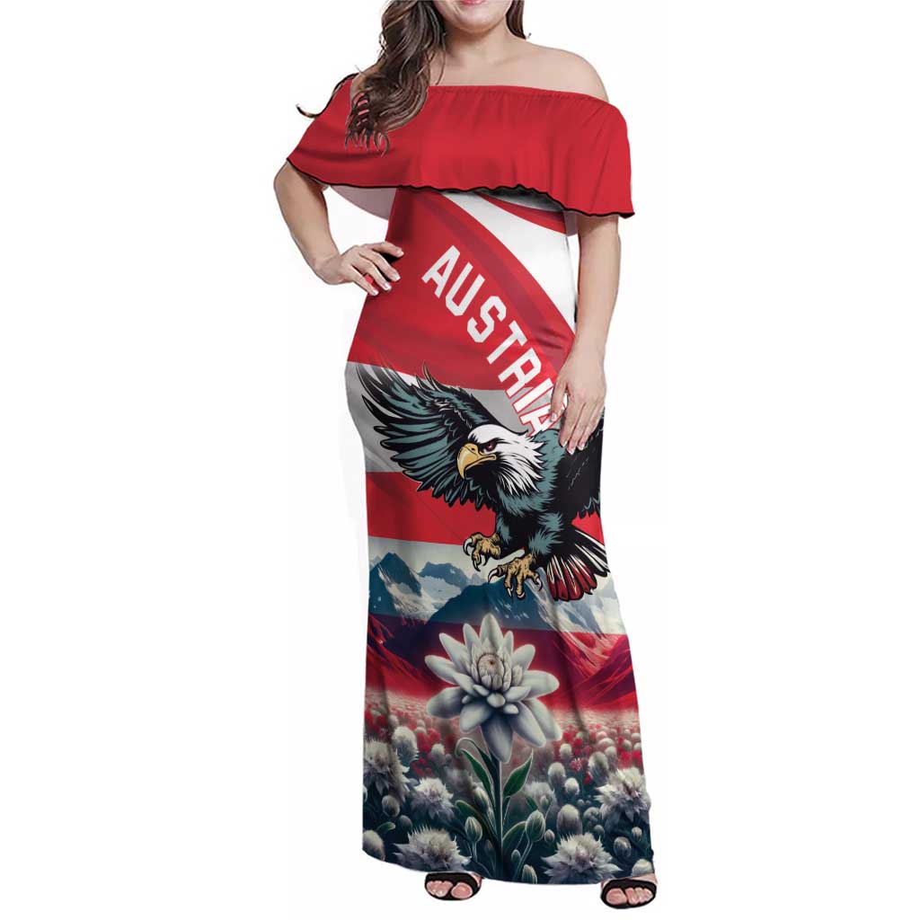 Austria Black Eagle Family Matching Off Shoulder Maxi Dress and Hawaiian Shirt Edelweiss with Austrian Flag - Wonder Print Shop