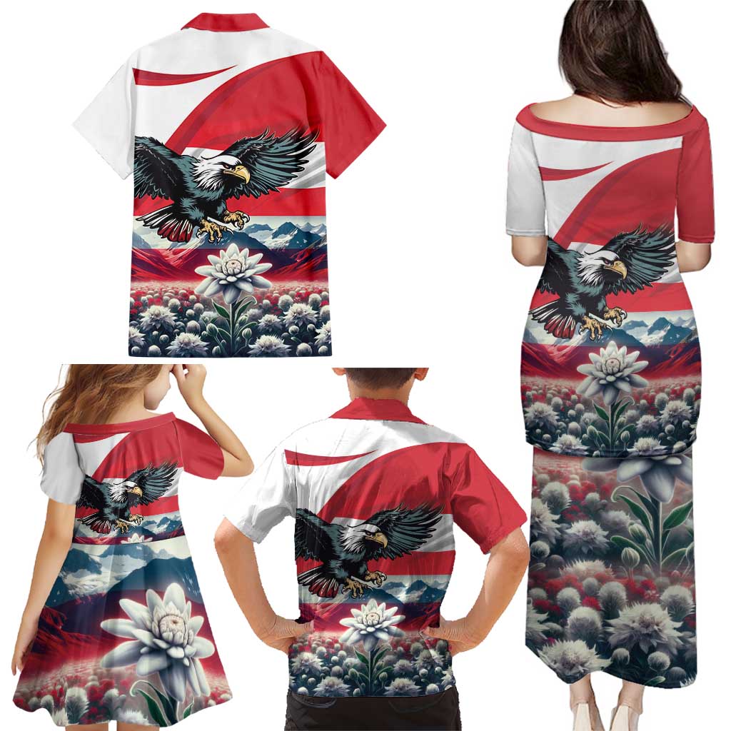 Austria Black Eagle Family Matching Puletasi and Hawaiian Shirt Edelweiss with Austrian Flag - Wonder Print Shop