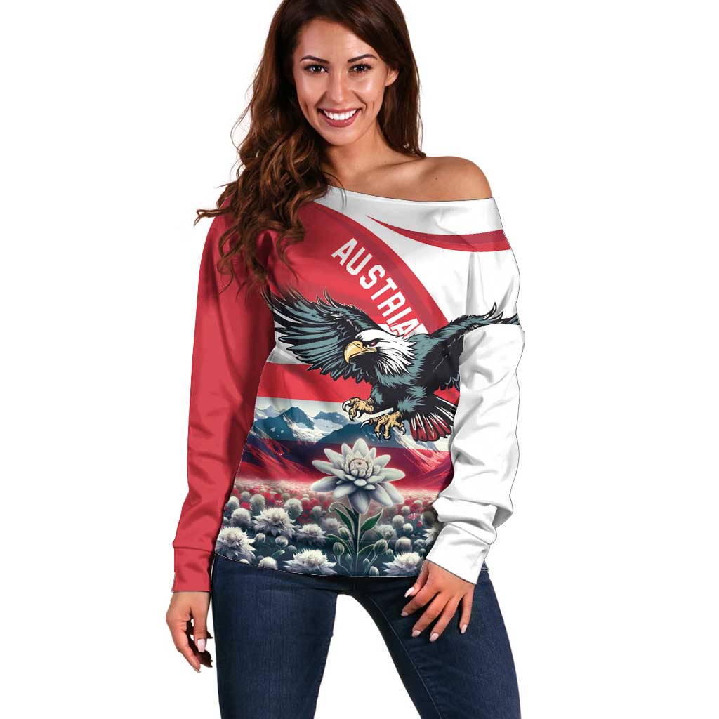 Austria Black Eagle Off Shoulder Sweater Edelweiss with Austrian Flag - Wonder Print Shop