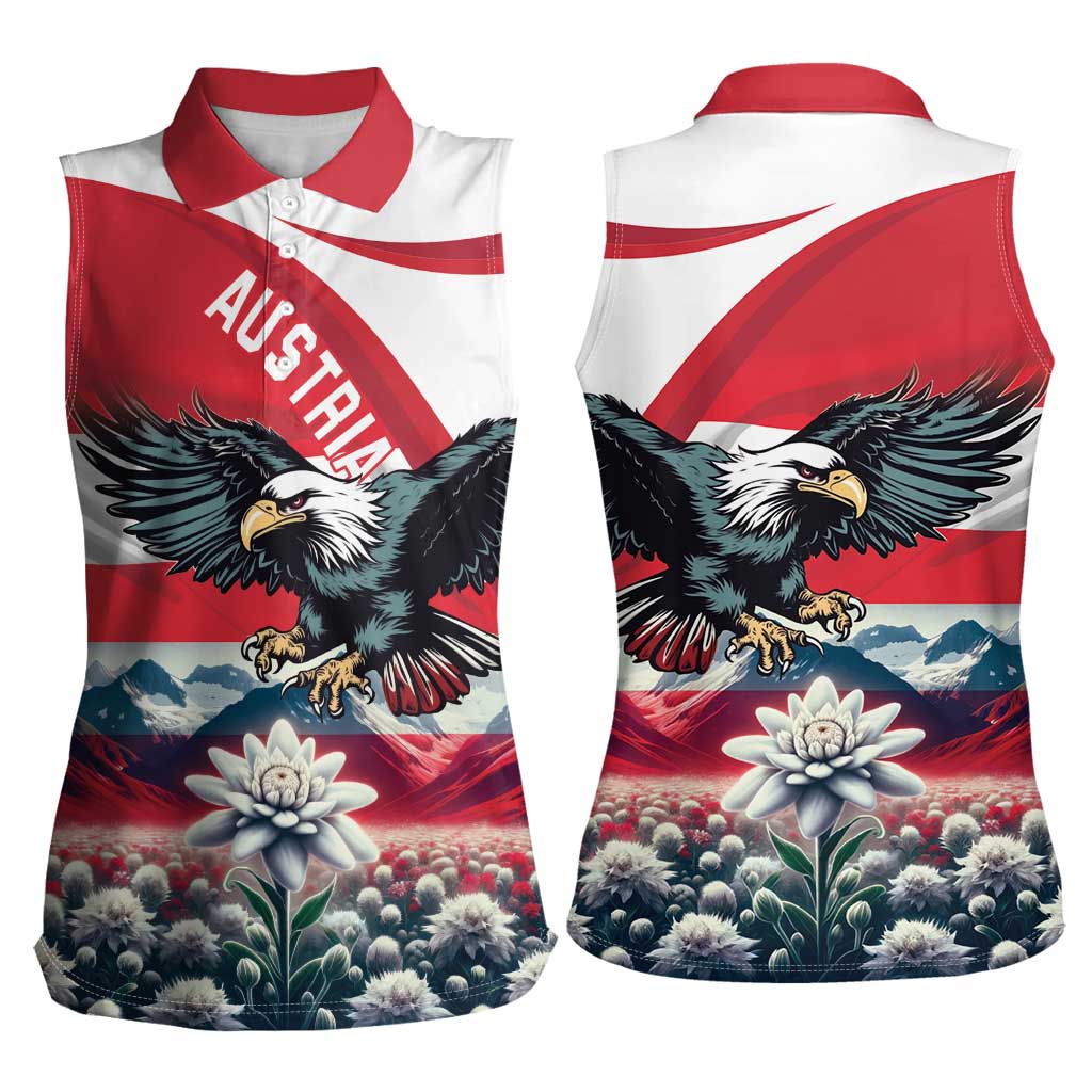 Austria Black Eagle Women Sleeveless Polo Shirt Edelweiss with Austrian Flag - Wonder Print Shop