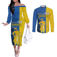 Ukraine Statehood Day 1918 Couples Matching Off The Shoulder Long Sleeve Dress and Long Sleeve Button Shirt Coat Of Arms With Ukrainian Folk Pattern